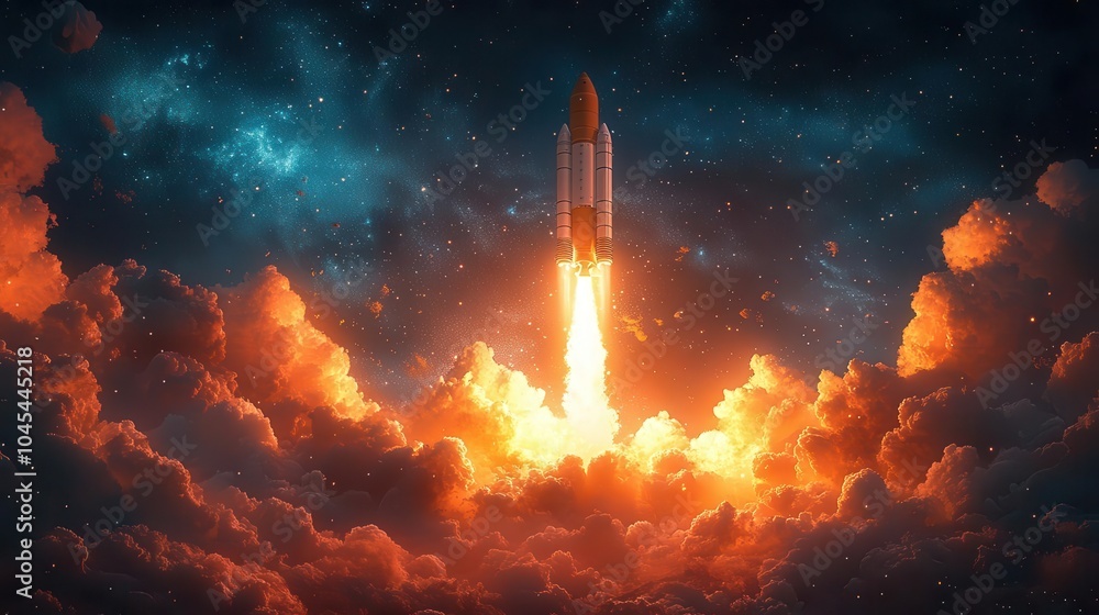 Obraz premium an imaginative rocket soaring through fluffy clouds illustrated in a convincing manner to symbolize success and aspiration in the realm of space exploration and company growth