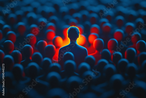 A standout individual illuminated among a crowd, a glowing man standing among a group of people in darkness, symbolizing self-promotion and personal branding.