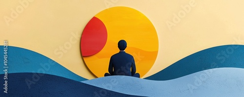 A contemplative figure sits before a vibrant sun and abstract waves, reflecting peace and tranquility against a warm background.