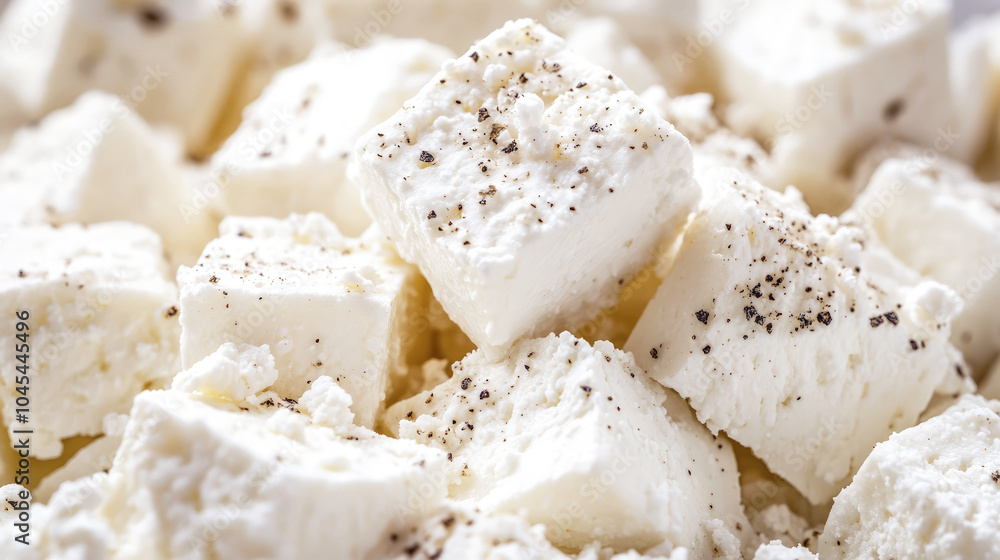 A close-up photo of cubed feta cheese with black pepper sprinkled on top. The cheese is white and creamy, with a soft texture. A close-up photo of cubed feta cheese with black pepper sprinkled on top. The cheese is white and creamy, with a soft texture.