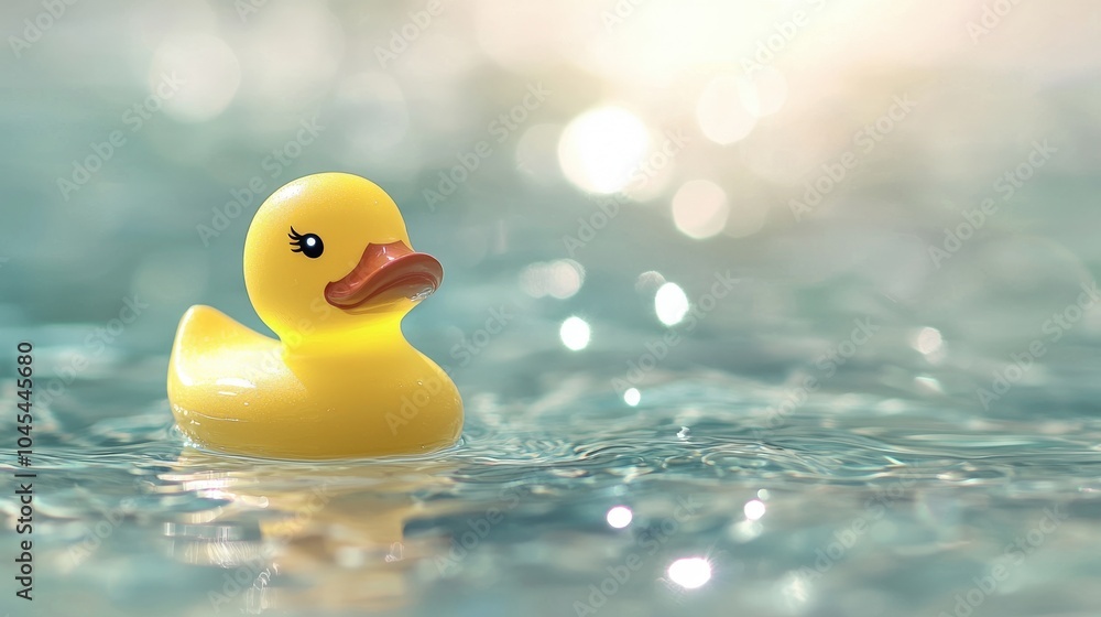 Yellow Rubber Duck Floating in Blue Water with Bokeh Background Yellow Rubber Duck Floating in Blue Water with Bokeh Background