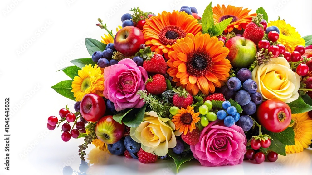 Vibrant bouquet of colorful flowers and berries on a white background, berry, colorful flowers, summer, bright Vibrant bouquet of colorful flowers and berries on a white background, berry, colorful flowers, summer, bright