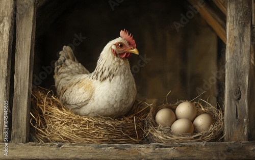 A charming depiction of a hen nurturing her eggs in a cozy straw nest within a rustic chicken coop, emphasizing themes of sustainability  photo