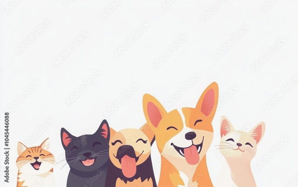 Fototapeta premium A delightful design featuring happy dogs and cats on a white banner, perfect for enhancing a pet care website or serving as an engaging social media header