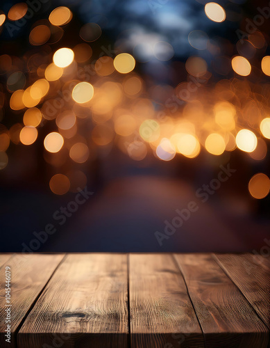 wooden table blurred bokeh lights creating cozy night scene