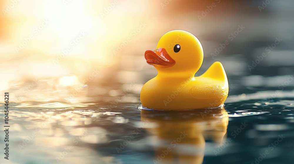 Yellow Rubber Duck Floating on Water with Sunlit Reflections Yellow Rubber Duck Floating on Water with Sunlit Reflections