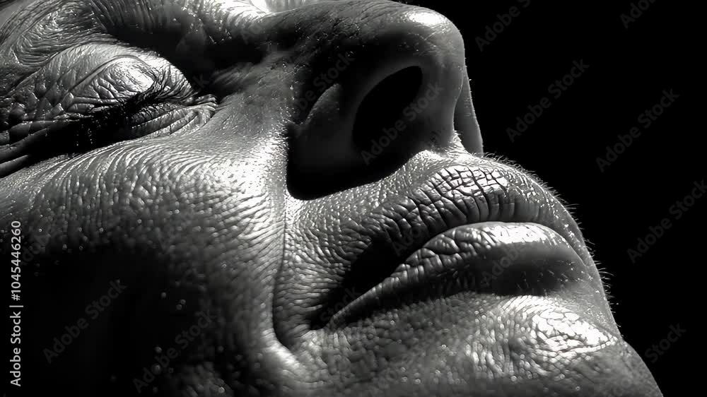 elderly person face in black and white, emphasizing the textures and deep wrinkles of aging skin, with a peaceful, contemplative expression elderly person face in black and white, emphasizing the textures and deep wrinkles of aging skin, with a peaceful, contemplative expression