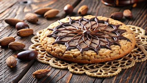 A Single Chocolate-Drizzled Cookie Decorated with a Web Pattern, Resting on a Lace Doily and Surrounded by Almonds on a Rustic Wooden Surface