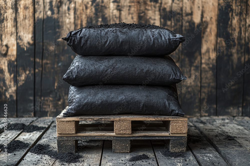 Obraz premium Biochar in black paper carbon bag on a wooden pallet background. Sustainable agriculture and eco-friendly packaging of fertilizer