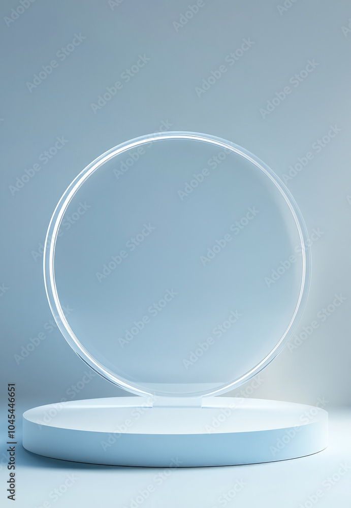 A minimalist product display featuring a circular glass frame and a white pedestal against a soft blue background. Ideal for showcasing cosmetics, jewelry, or small electronic devices. A minimalist product display featuring a circular glass frame and a white pedestal against a soft blue background. Ideal for showcasing cosmetics, jewelry, or small electronic devices.