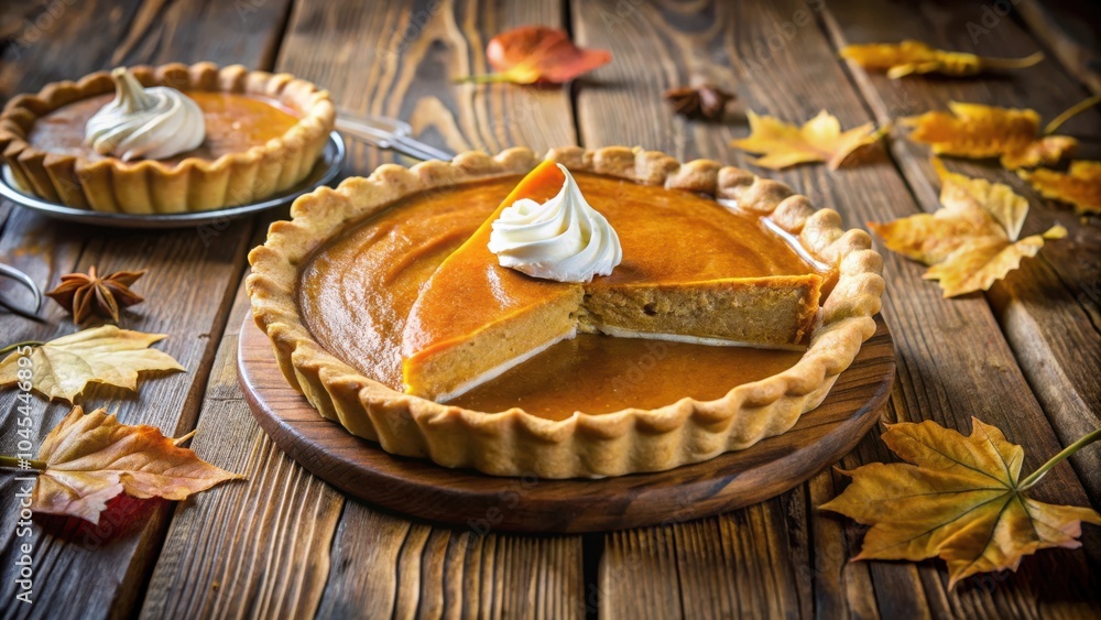 A freshly baked pumpkin pie with a slice removed, topped with whipped cream and surrounded by autumn leaves on a rustic wooden table. A freshly baked pumpkin pie with a slice removed, topped with whipped cream and surrounded by autumn leaves on a rustic wooden table.