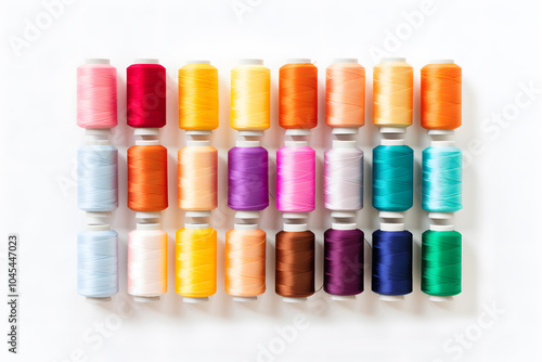 Bright colors sewing threads on spools on a white background. Sewing flat lay. Craft, hobby wallpaper