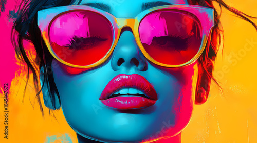 A vibrant digital portrait of a woman wearing sunglasses, featuring bold colors and abstract elements. Pop Art Portrait. Illustration