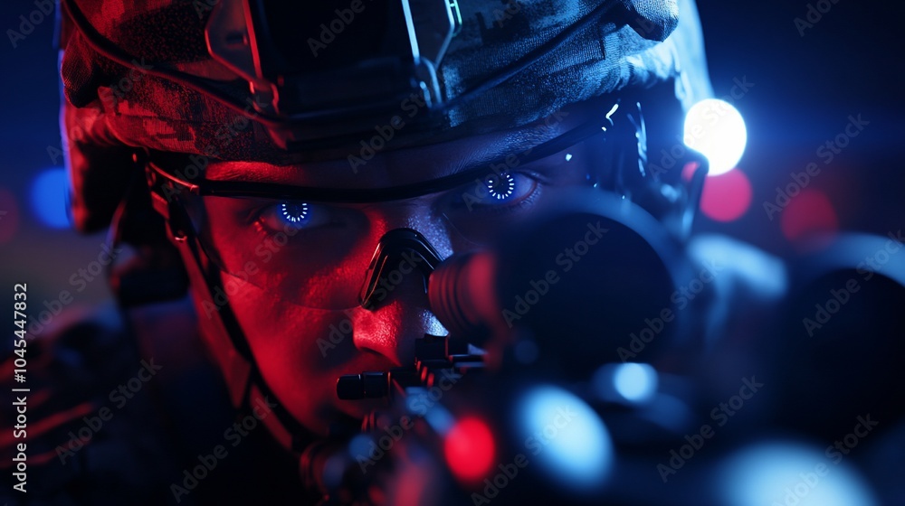Close-up portrait of a soldier aiming a rifle with a focused expression. Close-up portrait of a soldier aiming a rifle with a focused expression.