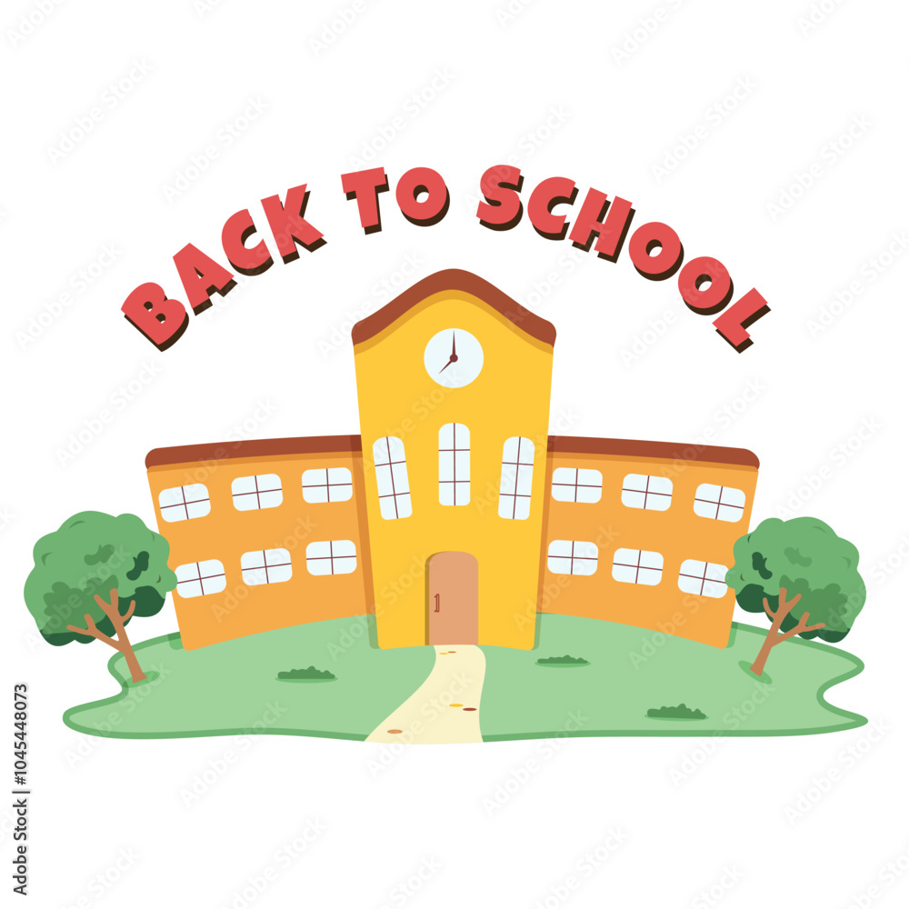 Yellow school with clock in green school yard Back to school concept. Cartoon character in flat design style isolated. Vector illustration Yellow school with clock in green school yard Back to school concept. Cartoon character in flat design style isolated. Vector illustration