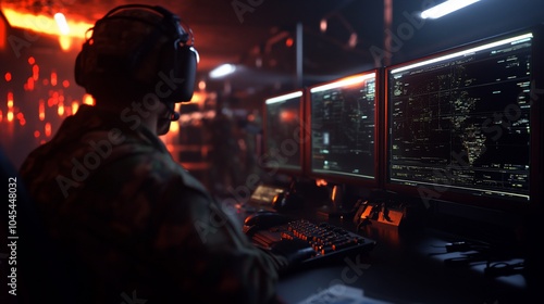 A soldier in a dark room with multiple monitors, looking at a screen with data on it, while wearing a headset.