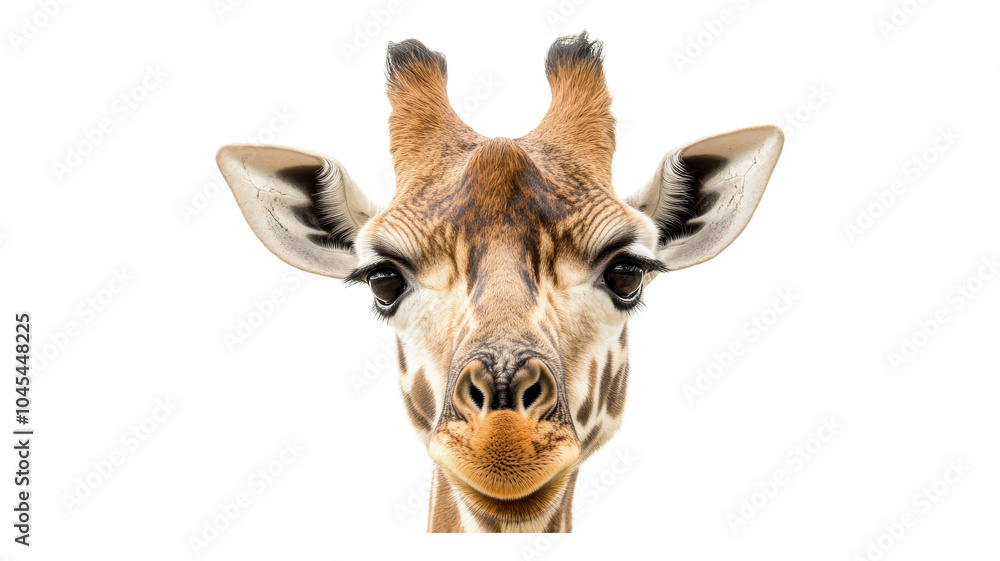 Naklejka premium A close-up view of a cheerful giraffe's face showcasing distinct markings and expressive features against a clear background.