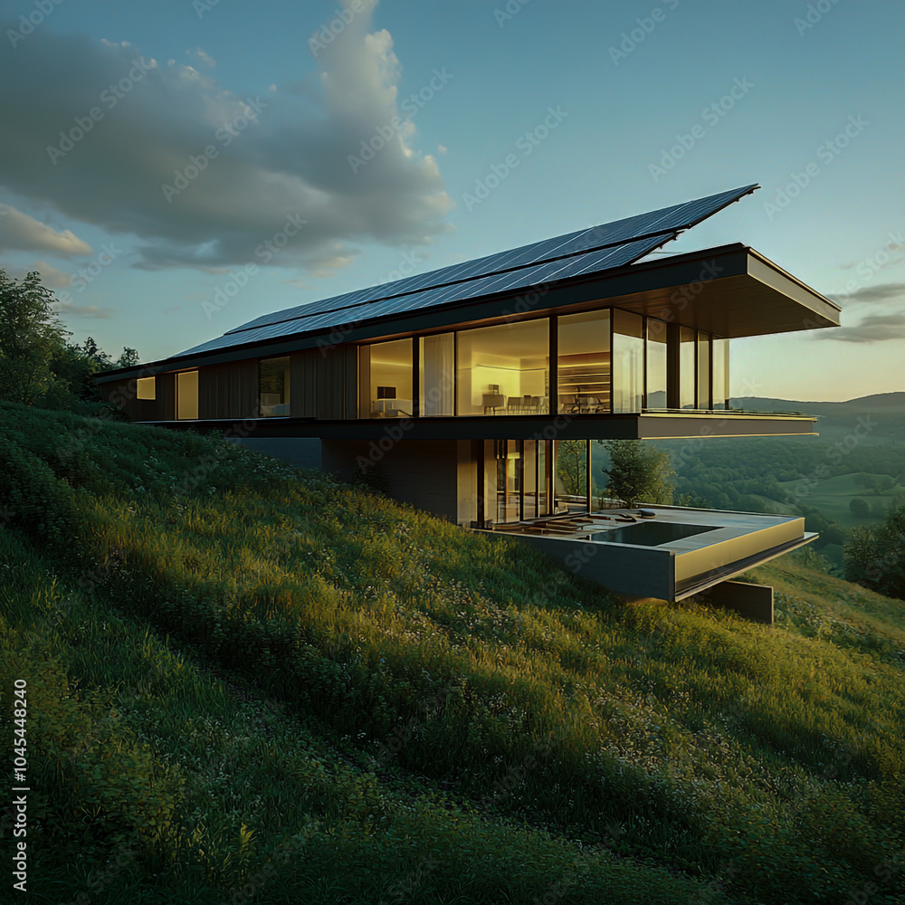 Obraz premium Contemporary house featuring solar panels, set against a scenic backdrop