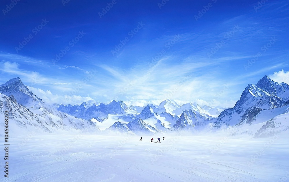 Naklejka premium Skiers navigate a snowy mountain landscape beneath a vibrant blue sky on a bright winter day