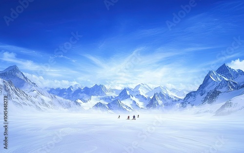 Skiers navigate a snowy mountain landscape beneath a vibrant blue sky on a bright winter day