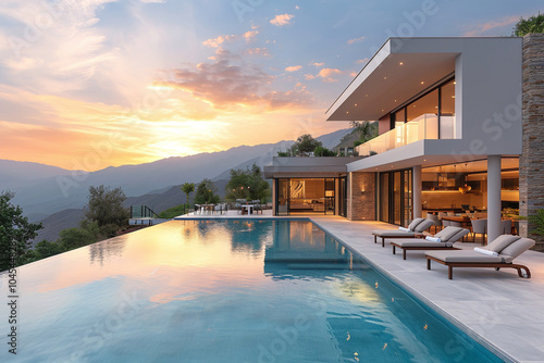 Exterior photo of modern and luxury minimalist cubic villa with big outdoor swimming pool with sea view in background	 photo