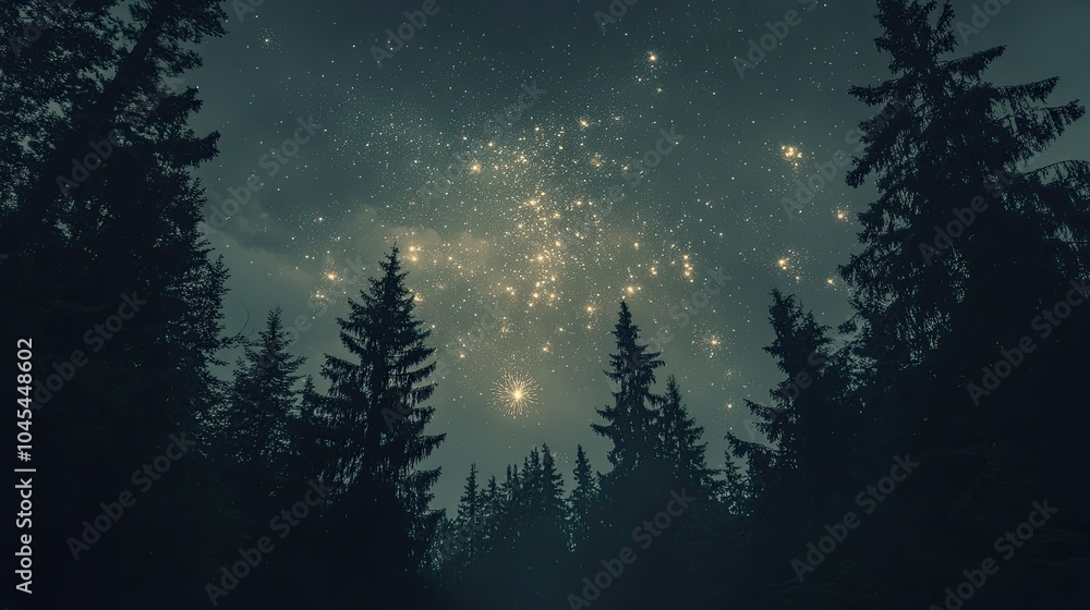 Fireworks burst in the night sky above a serene forest, no people, with space for copy Fireworks burst in the night sky above a serene forest, no people, with space for copy