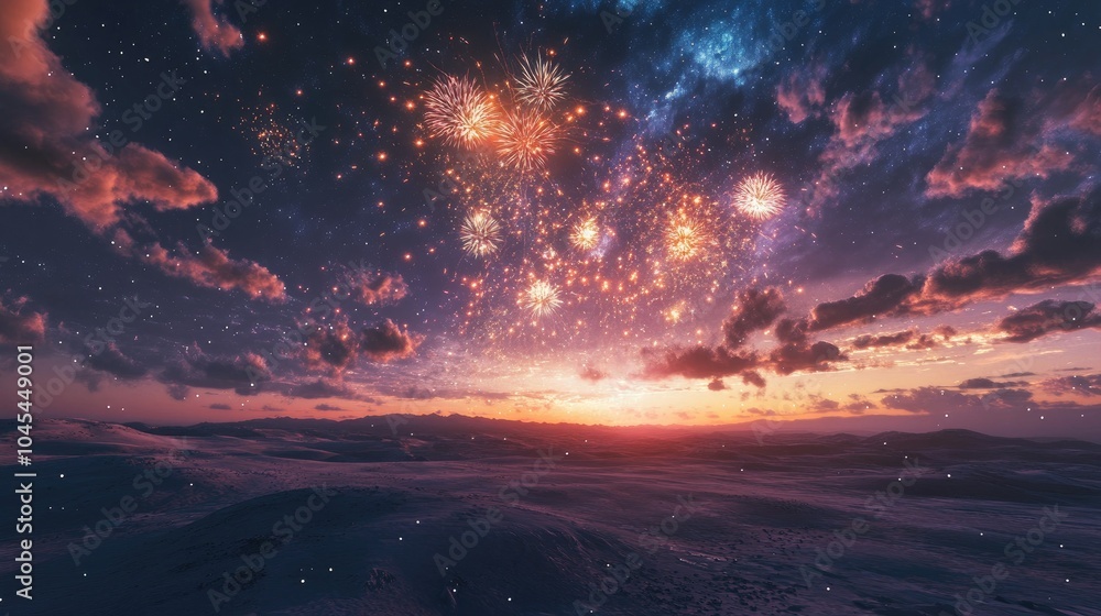 Fireworks burst over a desert horizon, lighting up the night sky, with room for text Fireworks burst over a desert horizon, lighting up the night sky, with room for text