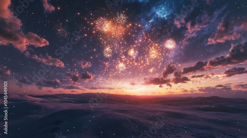 Fireworks burst over a desert horizon, lighting up the night sky, with room for text