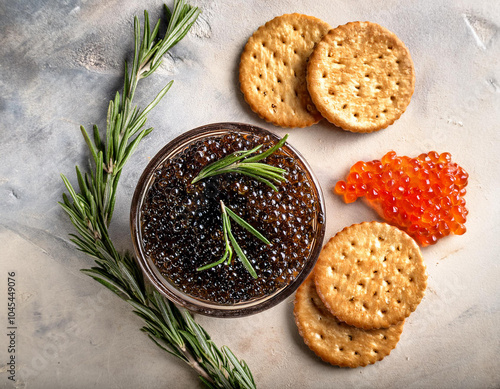 caviar in a bowl with crackers and sprigs of rosemary photo