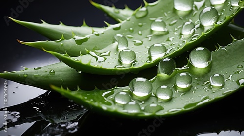 Fresh aloe vera leaves with water drops isolated on dark background