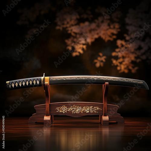 Traditional katana sword displayed on wooden stand photo