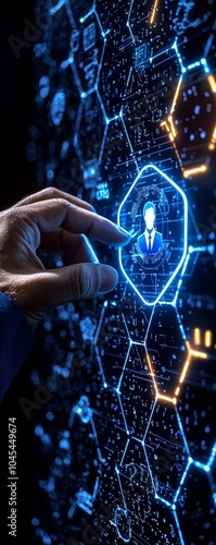 A hand interacts with a luminous, hexagonal interface, symbolizing digital connection and technology.