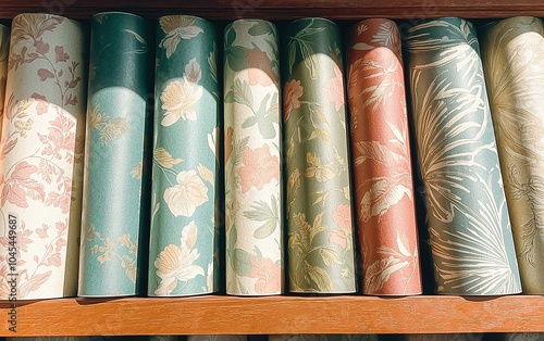 Elegant rolls of decorative wallpaper showcasing floral and botanical patterns arranged in a row against a wooden backdrop