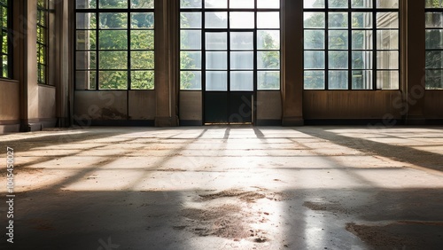 Sunlight streams through large windows onto a dusty floor in an empty room.