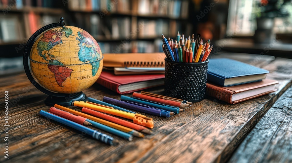 back to school concept with a globe colorful stationery and books arranged on a wooden table emphasizing education and the joy of learning in a cheerful atmosphere back to school concept with a globe colorful stationery and books arranged on a wooden table emphasizing education and the joy of learning in a cheerful atmosphere