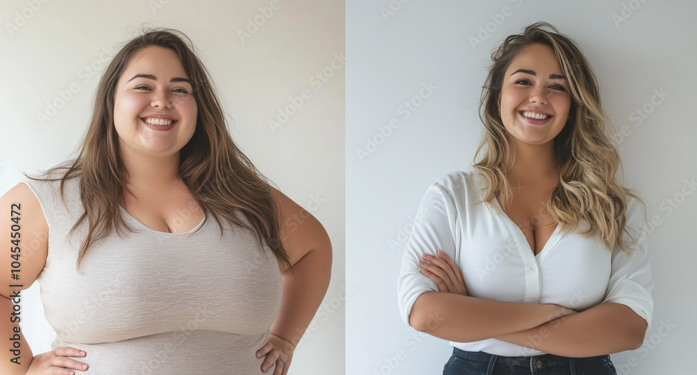 Φωτογραφία Before and after weight loss collage of a smiling woman with arms crossed, symbo