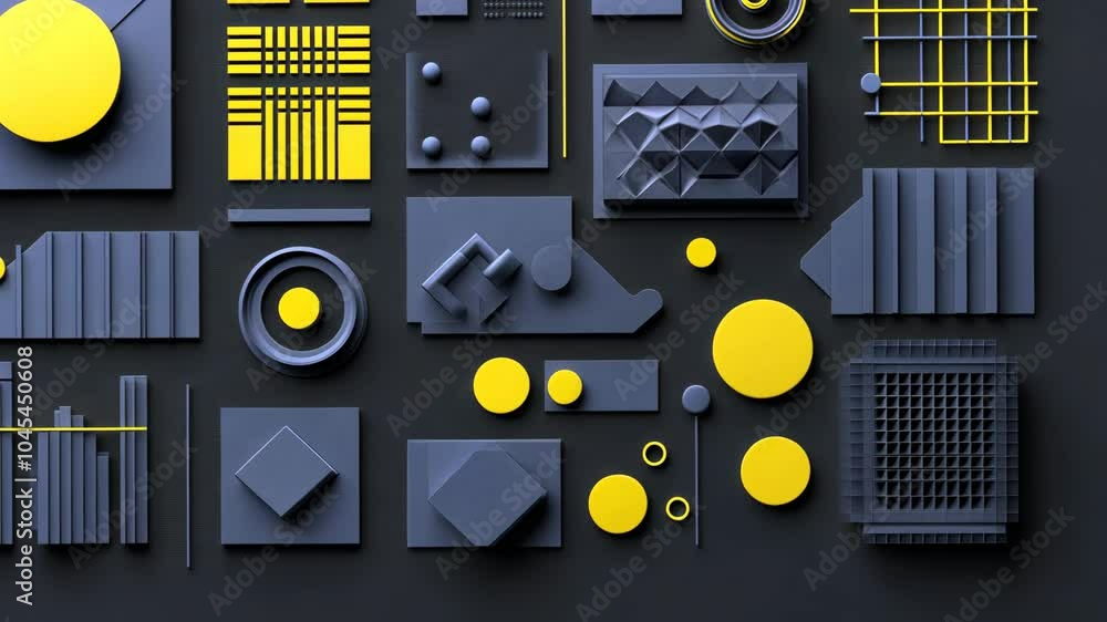 Bento grid layout with modern graphic design elements in gray color on dark background. Blue and yellow shapes template trend bg. Glasmorphism circle buttons. Swiss design pattern. Video Bento grid layout with modern graphic design elements in gray color on dark background. Blue and yellow shapes template trend bg. Glasmorphism circle buttons. Swiss design pattern. Video
