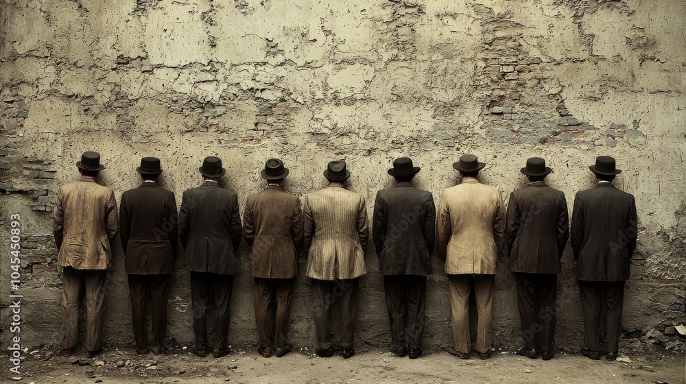 Back view of seven 19th-century men in coats and bowler hats standing in line, facing a textured wall, vintage style Back view of seven 19th-century men in coats and bowler hats standing in line, facing a textured wall, vintage style
