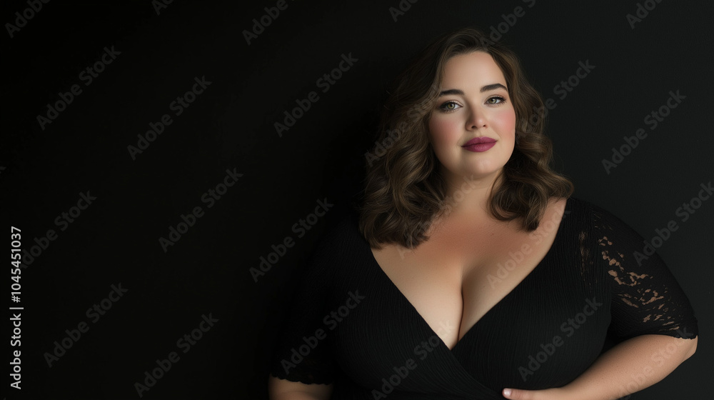 Confident plus-size woman in black dress posing against a dark background, symbolizing elegance, beauty, and self-assurance Confident plus-size woman in black dress posing against a dark background, symbolizing elegance, beauty, and self-assurance