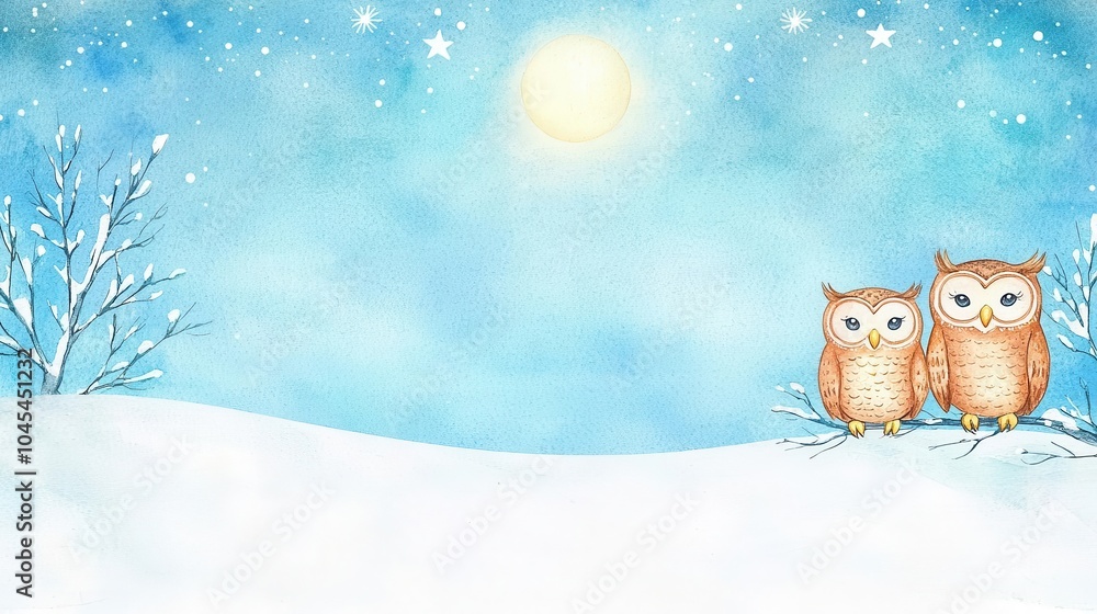 A pair of owls perched on snowy branches under a watercolor moonlit sky, stars twinkling above the quiet, winter scene. watercolor texture with watercolor edge, copy space for text A pair of owls perched on snowy branches under a watercolor moonlit sky, stars twinkling above the quiet, winter scene. watercolor texture with watercolor edge, copy space for text