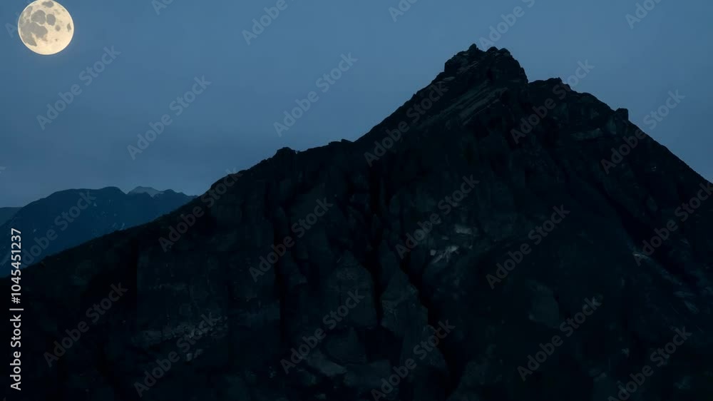 Snow-covered mountain peaks illuminated by the last rays of sunlight, with steep icy slopes