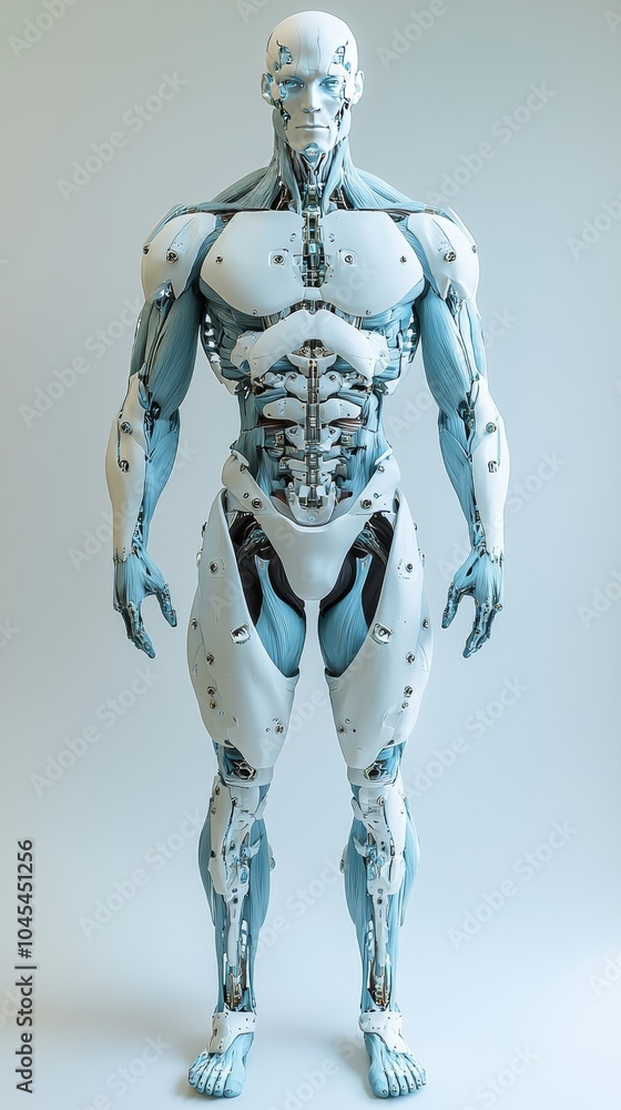 Highly detailed 3D rendered humanoid robot with exposed mechanical parts and futuristic design in a full-body frontal view Highly detailed 3D rendered humanoid robot with exposed mechanical parts and futuristic design in a full-body frontal view