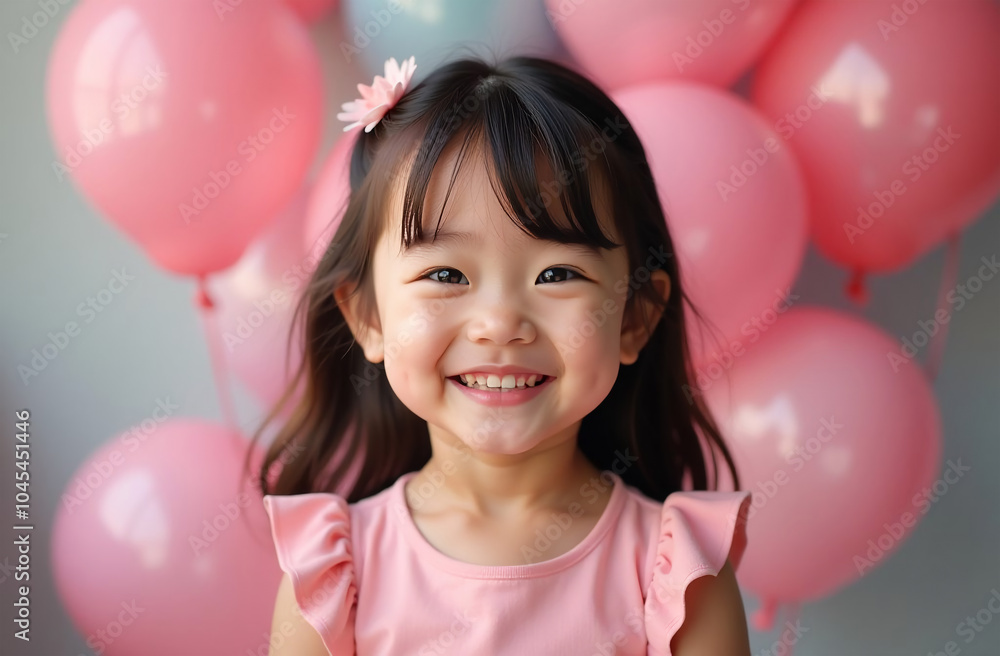 Obraz premium Portrait of happy asian little girl in pink dress on balloons background