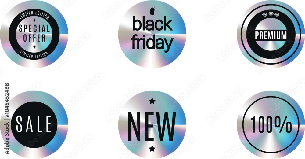 Set of hologram stickers for sale. Holographic label for online shopping, web design, print, any products. Vector illustration Set of hologram stickers for sale. Holographic label for online shopping, web design, print, any products. Vector illustration