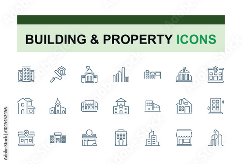 Building Structure line icons set. Icons set with house, residential, real estate, construction, property, architecture and more. UI icon set in thin design. Editable vector icon and illustration.