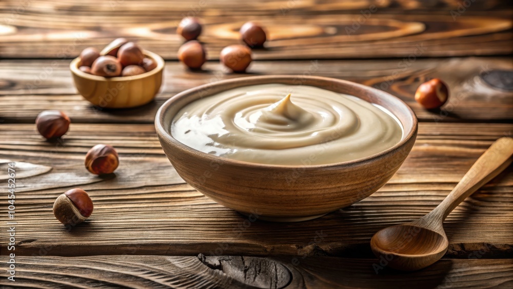 Creamy hazelnut spread in a wooden bowl, surrounded by hazelnuts on a rustic wooden background Creamy hazelnut spread in a wooden bowl, surrounded by hazelnuts on a rustic wooden background
