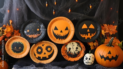 DIY Halloween masks made from paper plates and decorated with spooky designs, displayed as part of a festive decorations setup.