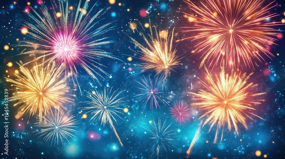 Fototapeta premium Fireworks explode over a quiet countryside, lighting the night sky, with copy space