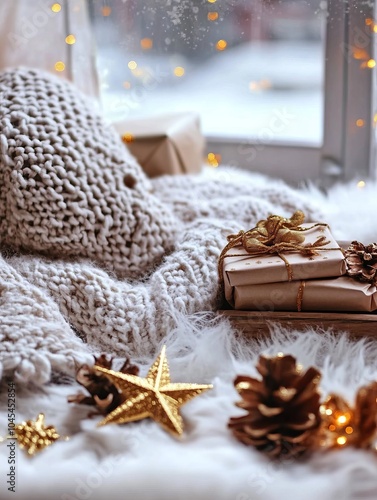 Cozy knit blanket with golden stars, pinecones, and gift boxes, placed by a window with glowing holiday lights, evoking a warm winter