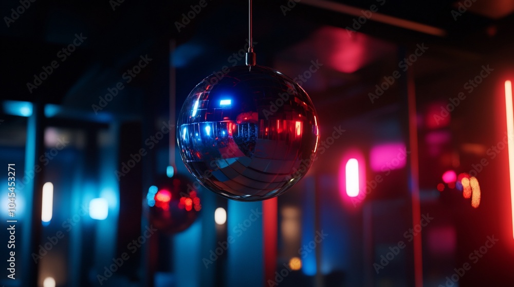 A disco ball hangs in a dark room with vibrant neon lights. A disco ball hangs in a dark room with vibrant neon lights.